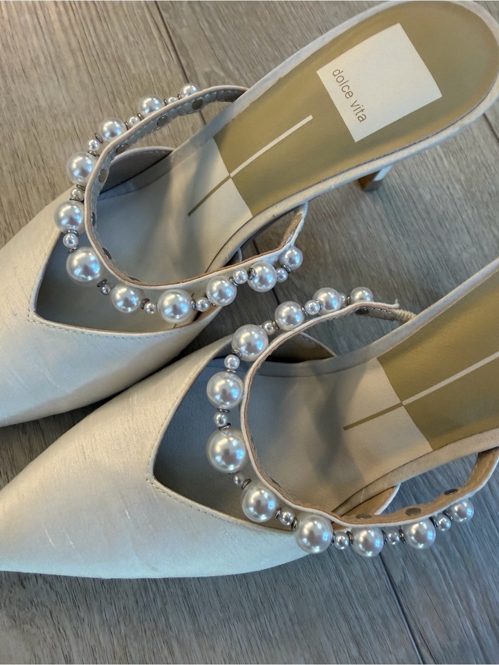 Dolce Vita Ivory Pearl-Embellished Pointed Mule Heels - Picture 12 of 13